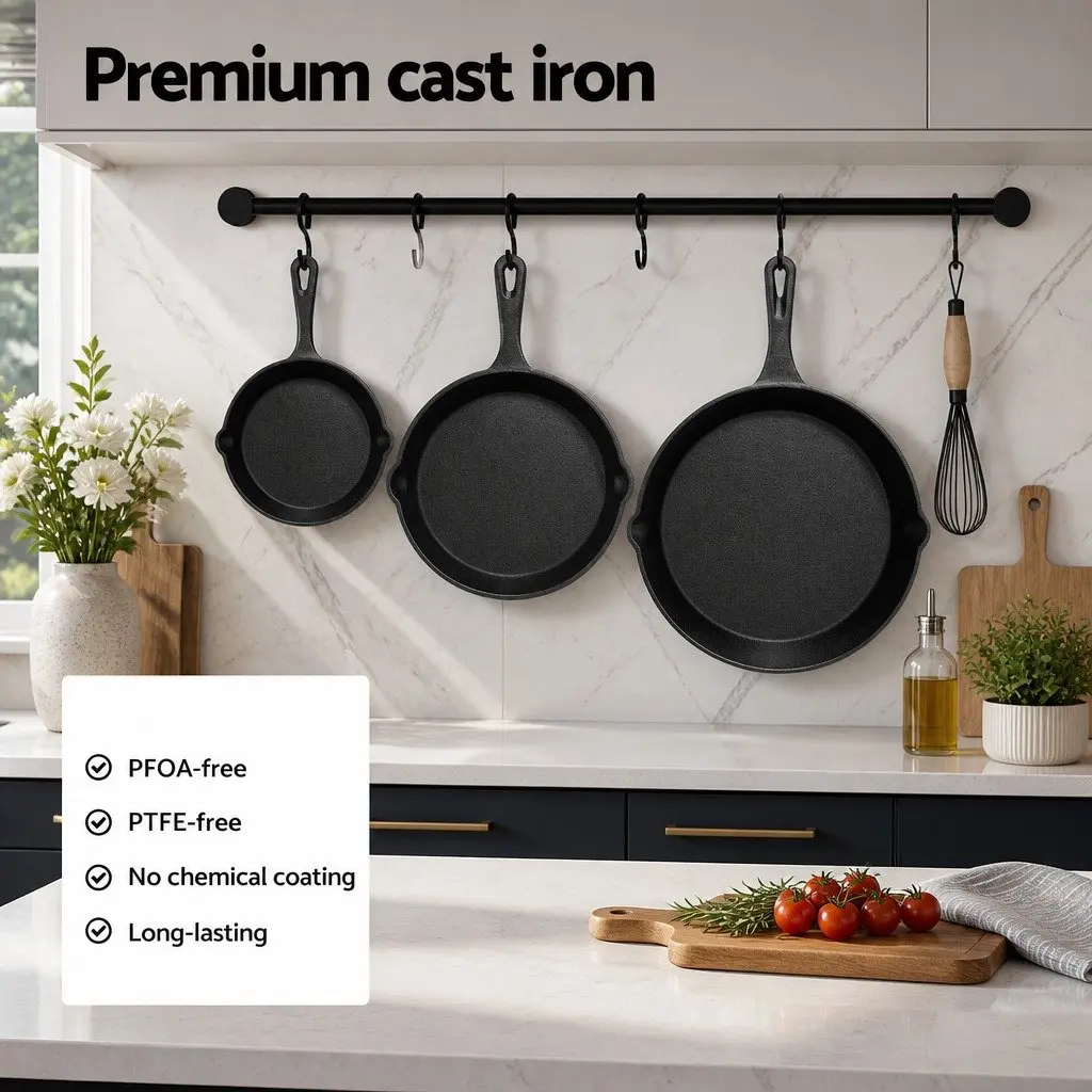 Cast Iron Frying Pan Set Non Stick Cooking 3 Piece Black