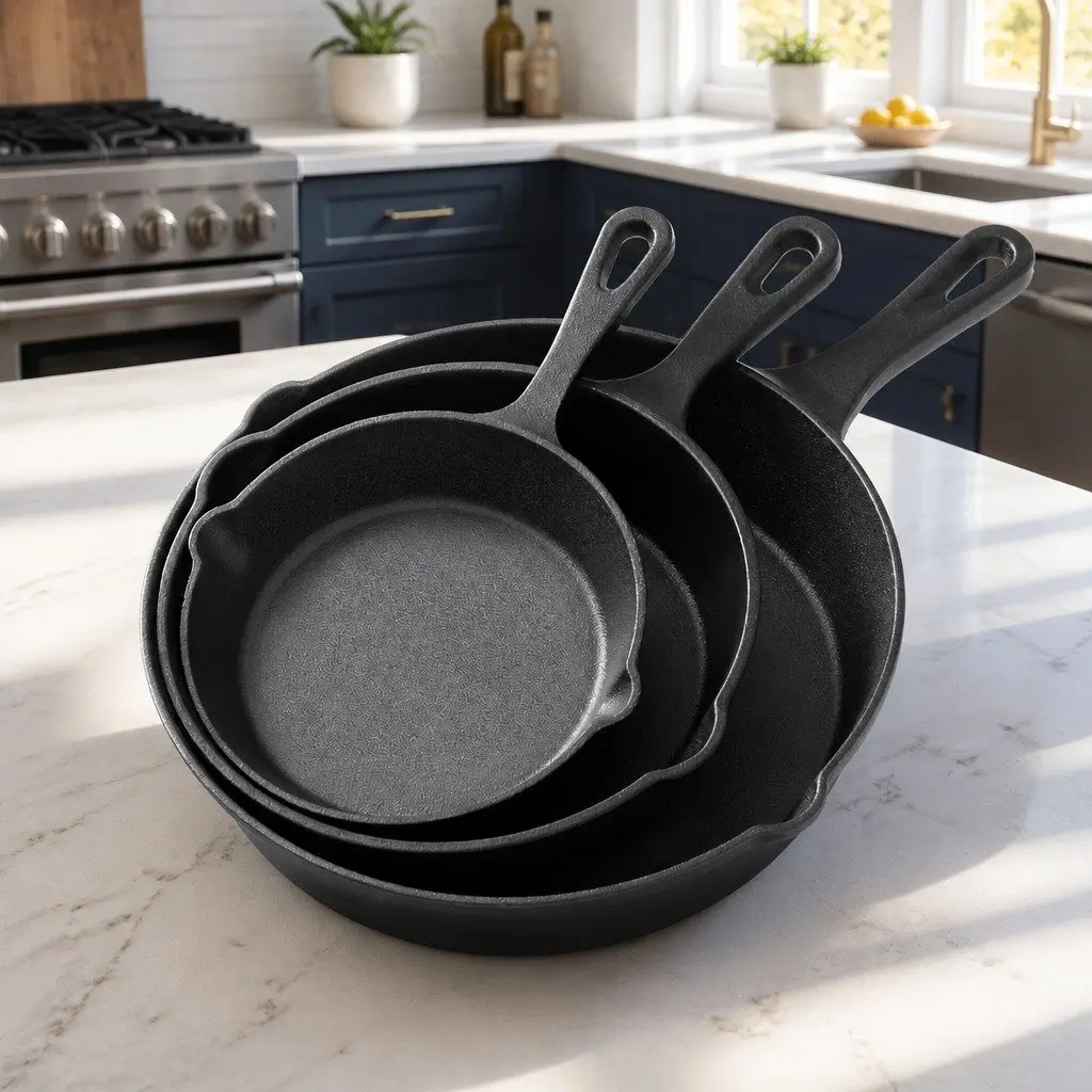 Cast Iron Frying Pan Set Non Stick Cooking 3 Piece Black