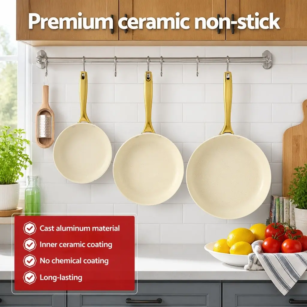 Frying Pan Set 3 Piece Ceramic Non-Stick Cookware Multi Colour 21cm 25cm 29cm