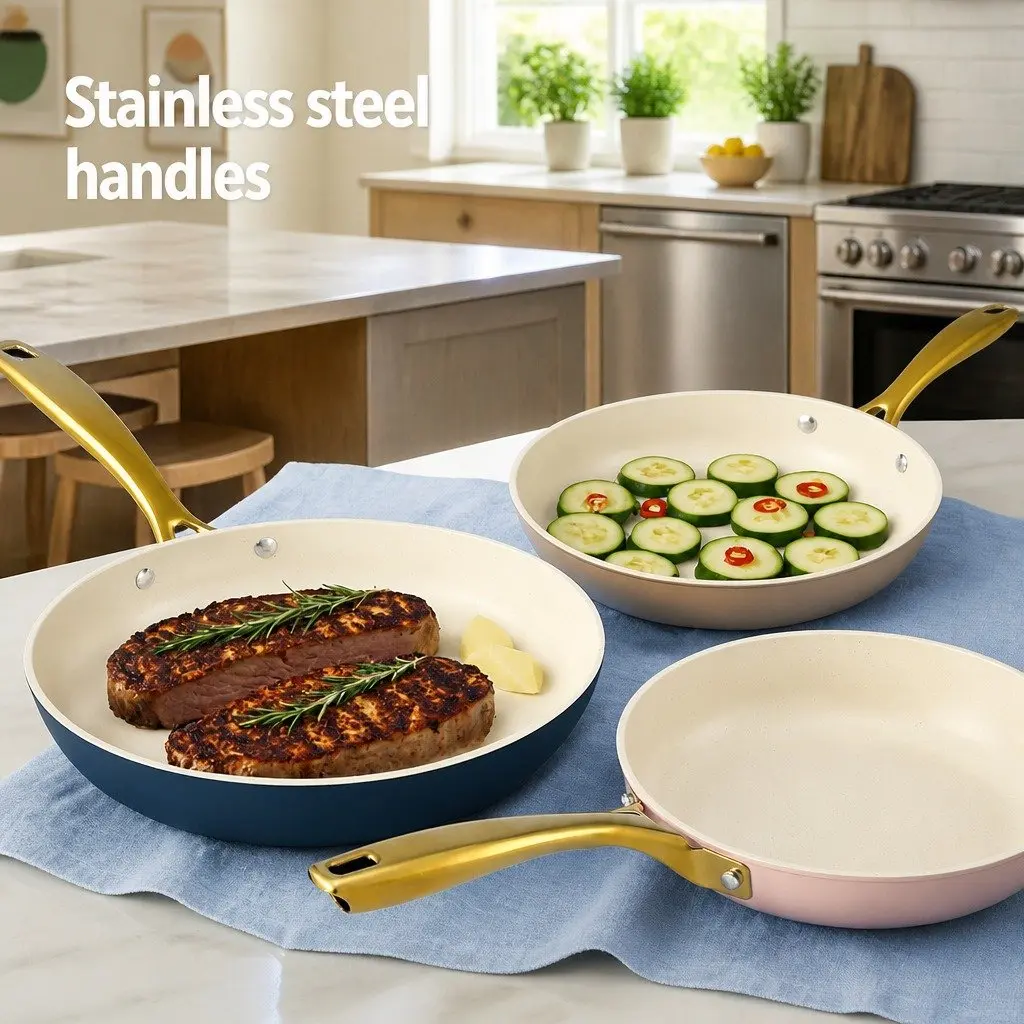 Frying Pan Set 3 Piece Ceramic Non-Stick Cookware Multi Colour 21cm 25cm 29cm