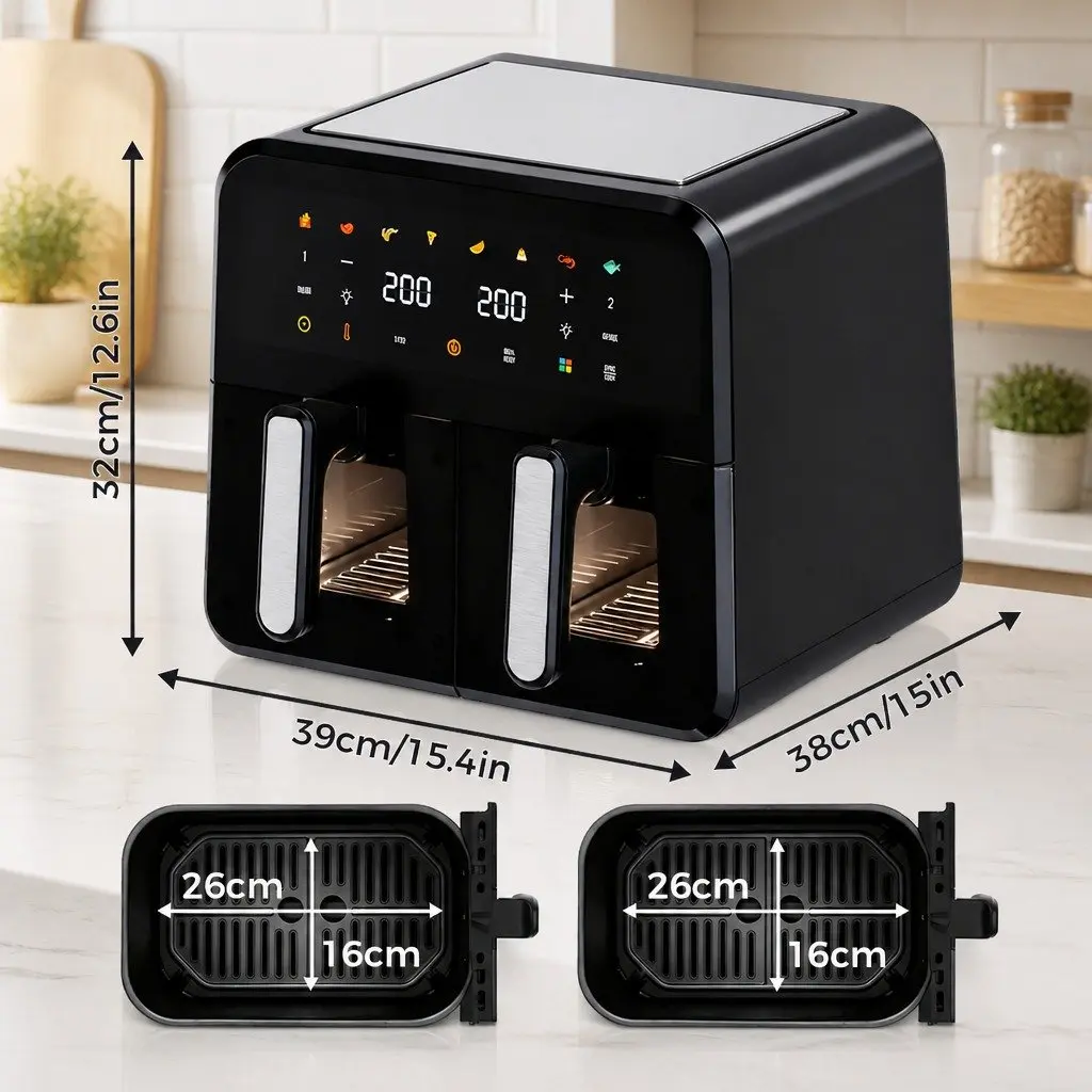 Dual Basket Air Fryer 12L Digital Touchscreen Oil Free Family Large Capacity