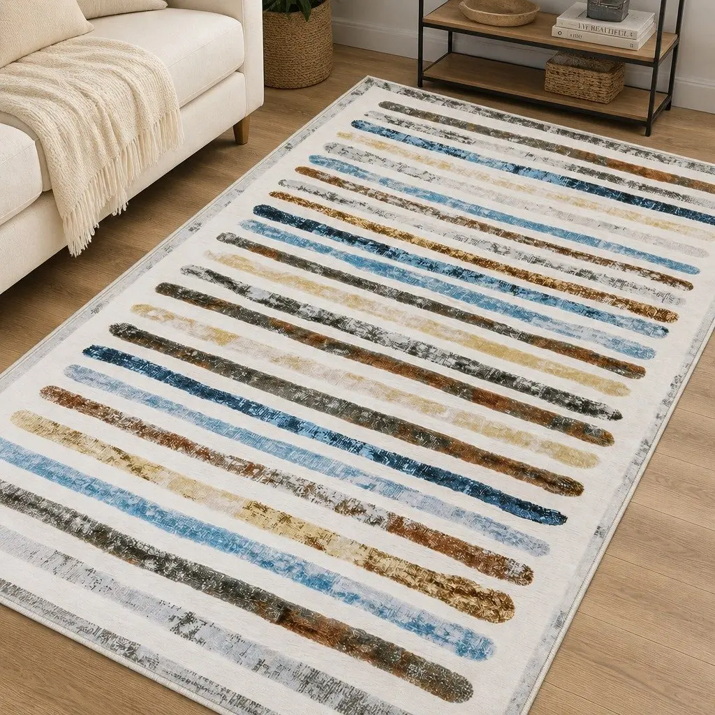 Short Pile Floor Rug Washable Non Slip 200x290cm Plush Stripe