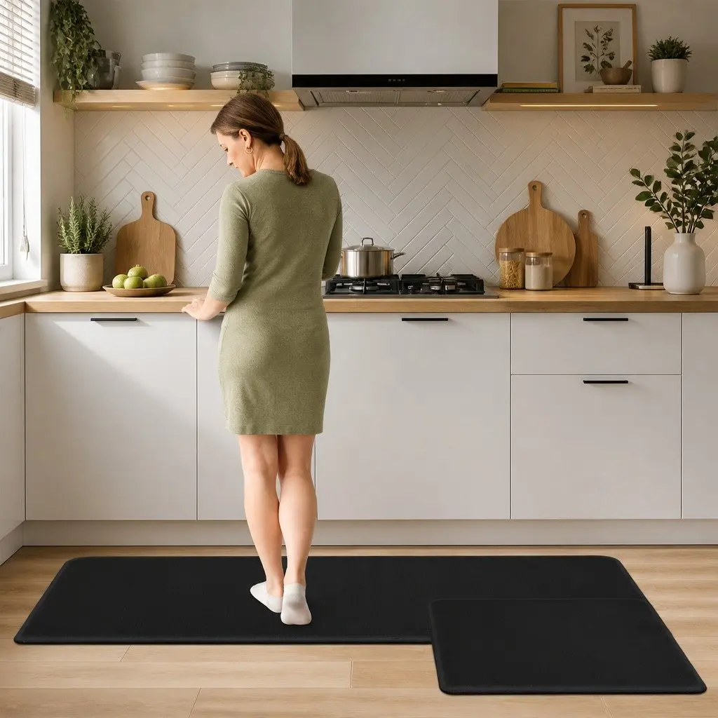 Kitchen Mat Non Slip Anti Fatigue 2 Piece 44cm x 74cm Black Waterproof PU Rug