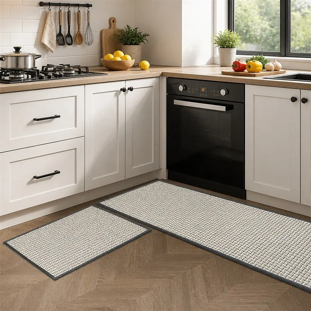 Non-Slip Kitchen Rug Set 2PCS Woven Absorbent Mat Floor Protection Grey