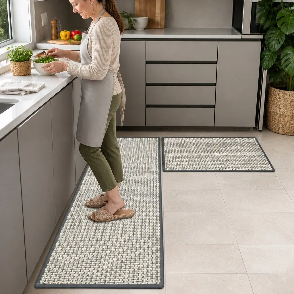 Non-Slip Kitchen Rug Set 2PCS Woven Absorbent Mat Floor Protection Grey