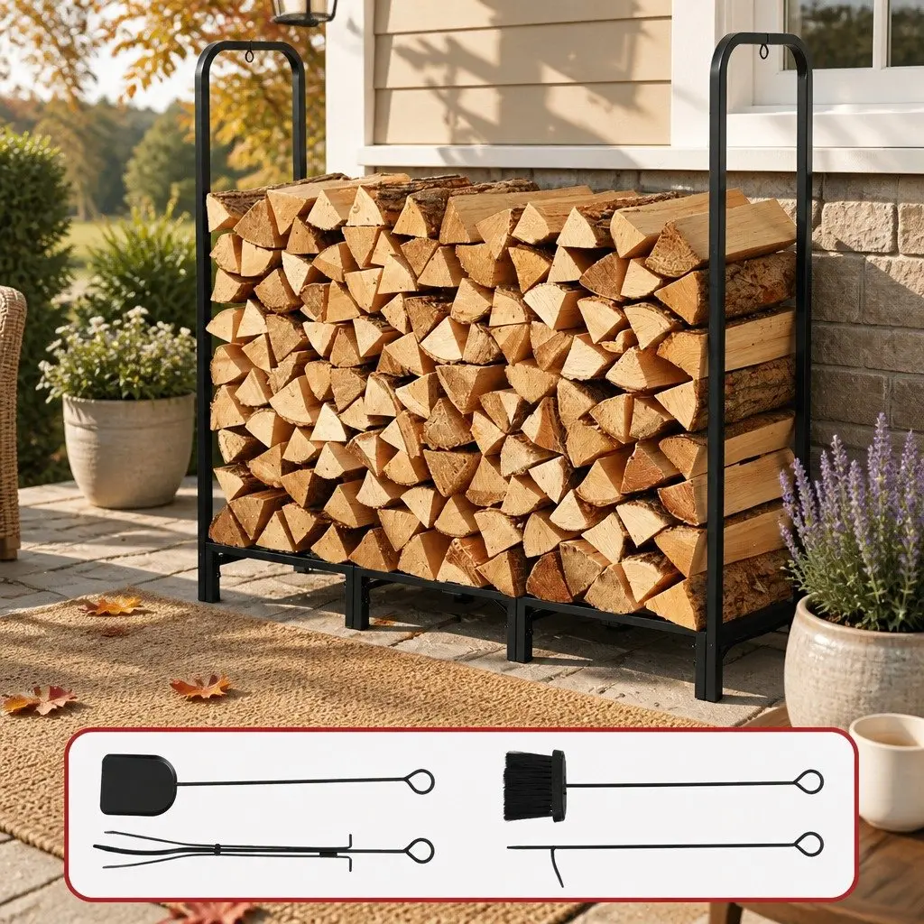 Firewood Rack Storage Heavy-Duty Log Holder 120cm Black