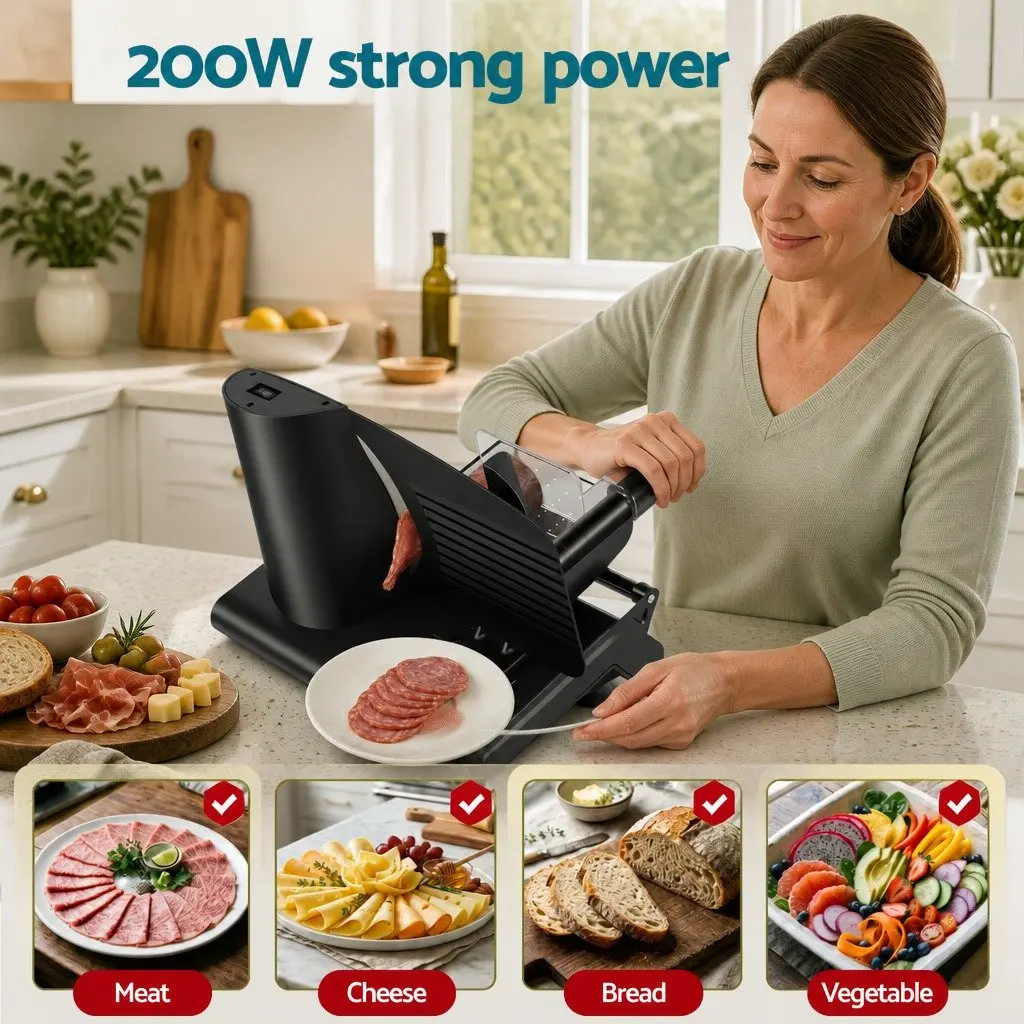 Meat Slicer Food Cutter 200W Adjustable Thickness 0-15mm Stainless Steel Black