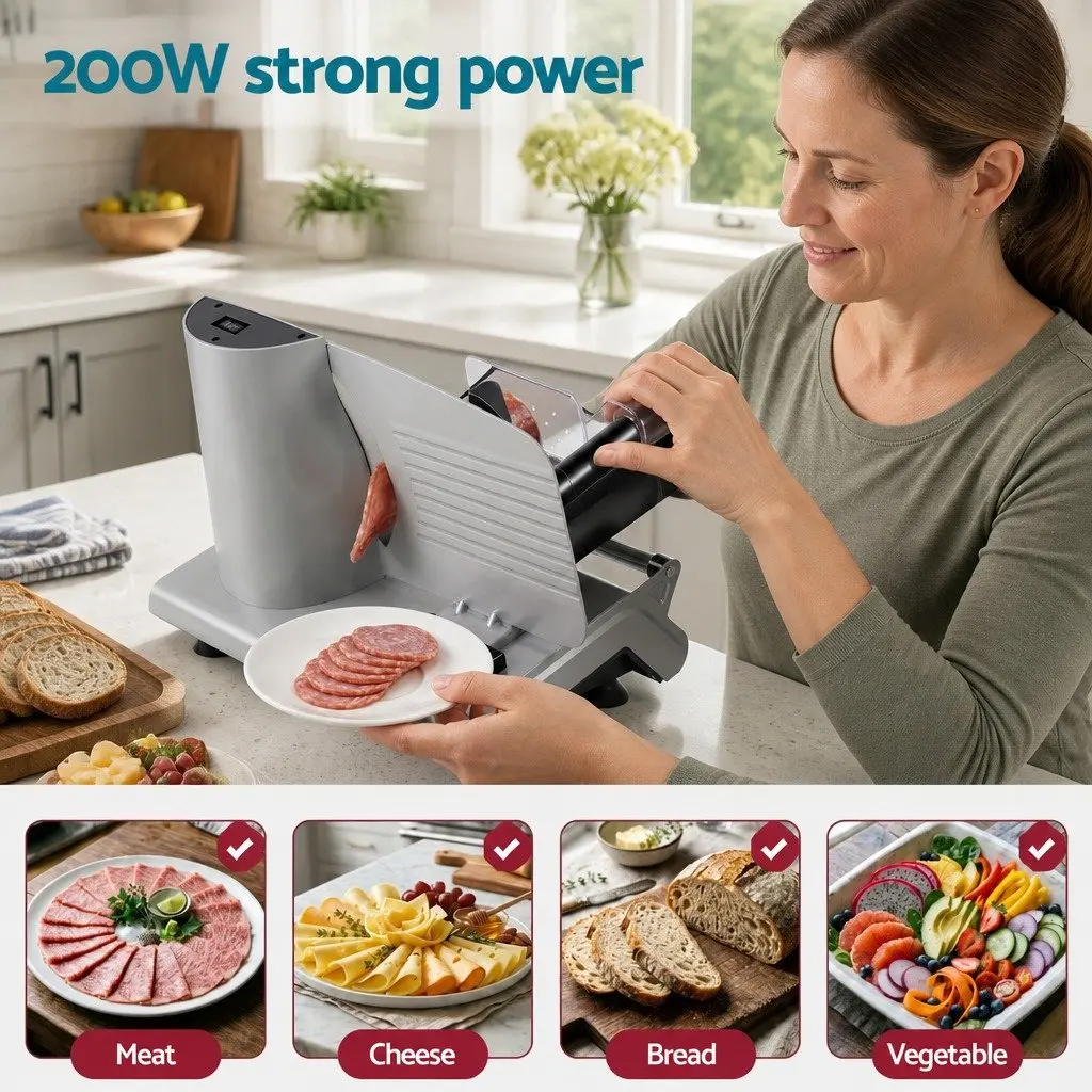 Food Slicer Adjustable Thickness 0-15mm 200W Stainless Steel Silver