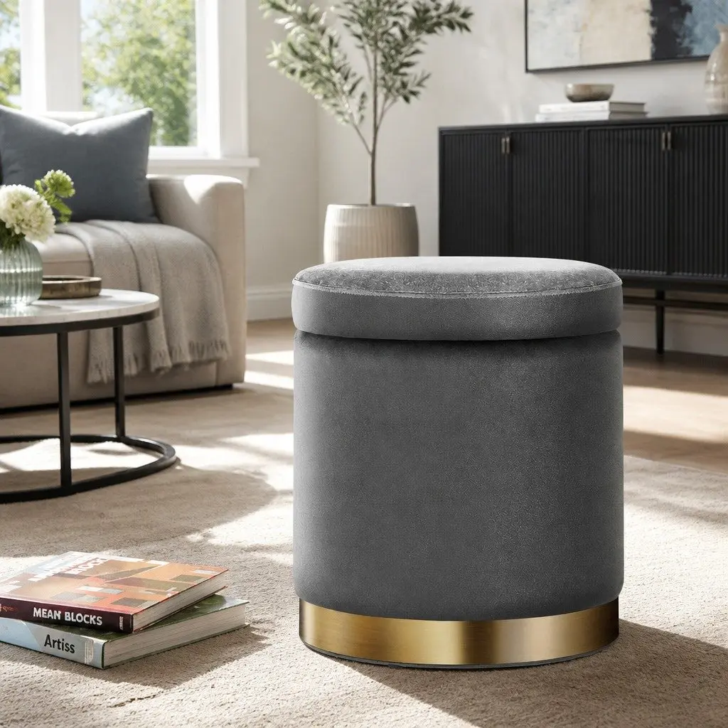 Round Ottoman Storage Footstool Velvet Charcoal Grey 40cm x 40cm x 45cm