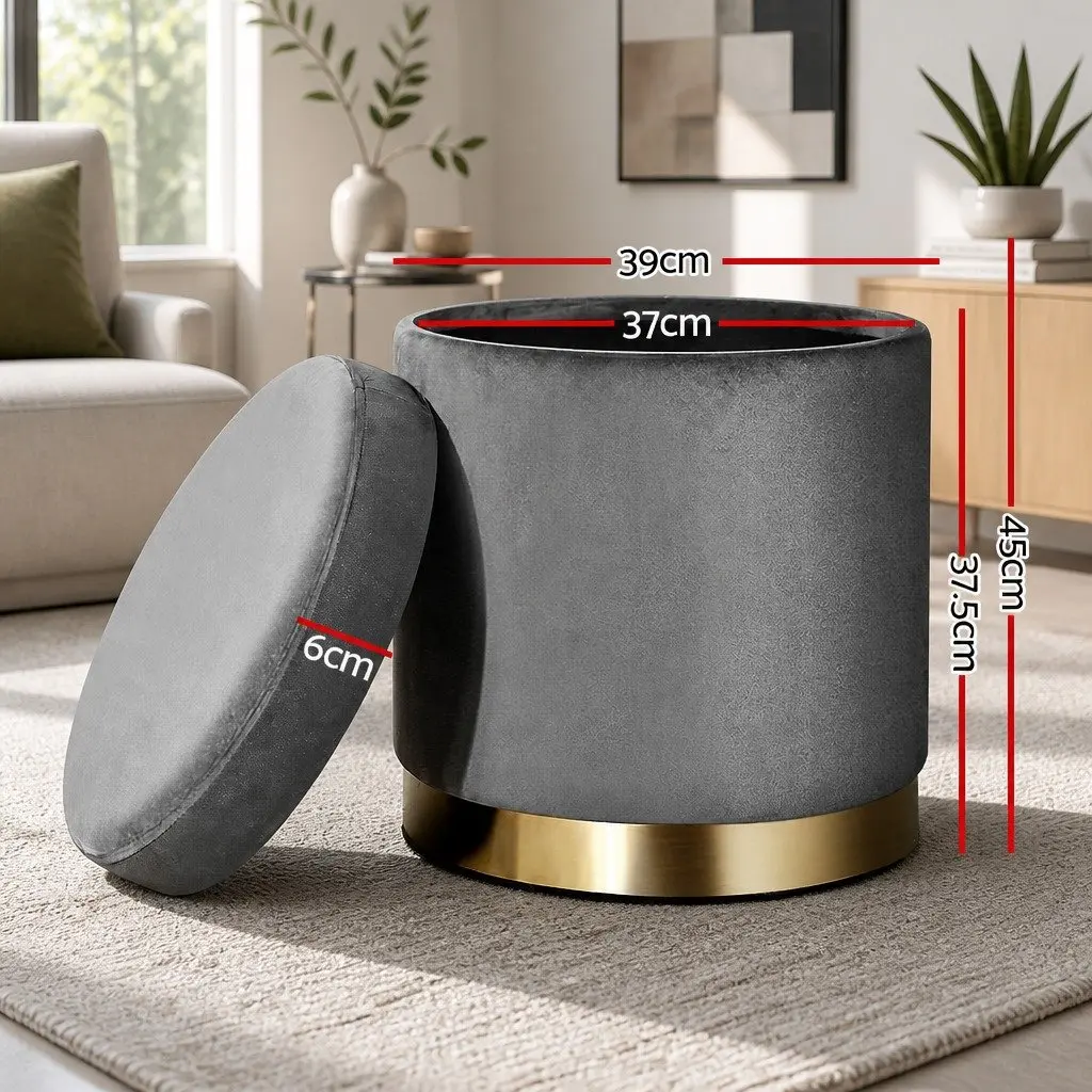 Round Ottoman Storage Footstool Velvet Charcoal Grey 40cm x 40cm x 45cm
