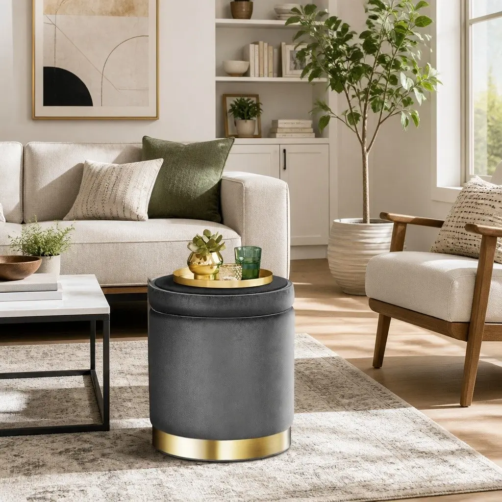Round Ottoman Storage Footstool Velvet Charcoal Grey 40cm x 40cm x 45cm