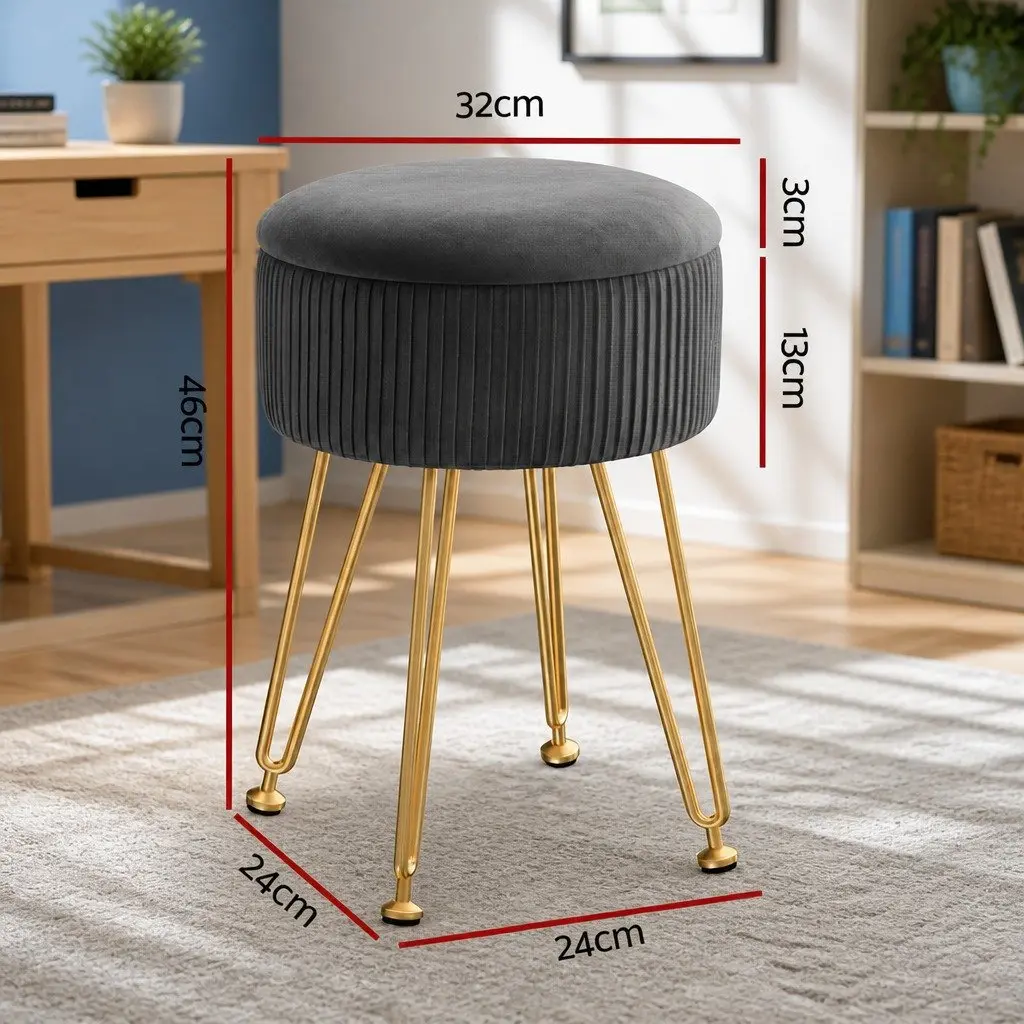 Round Ottoman Storage Footstool Velvet Coffee Table Grey Vanity Seat