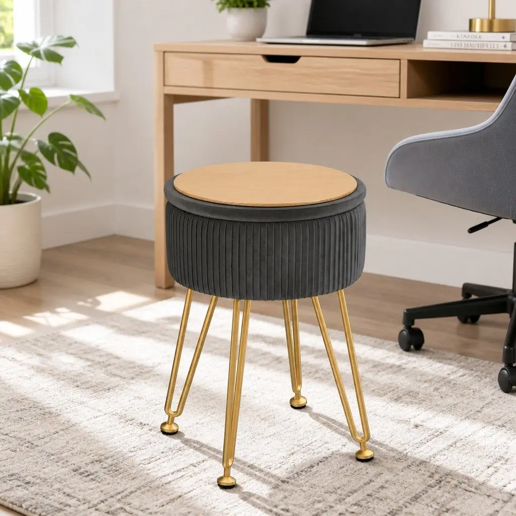 Round Ottoman Storage Footstool Velvet Coffee Table Grey Vanity Seat