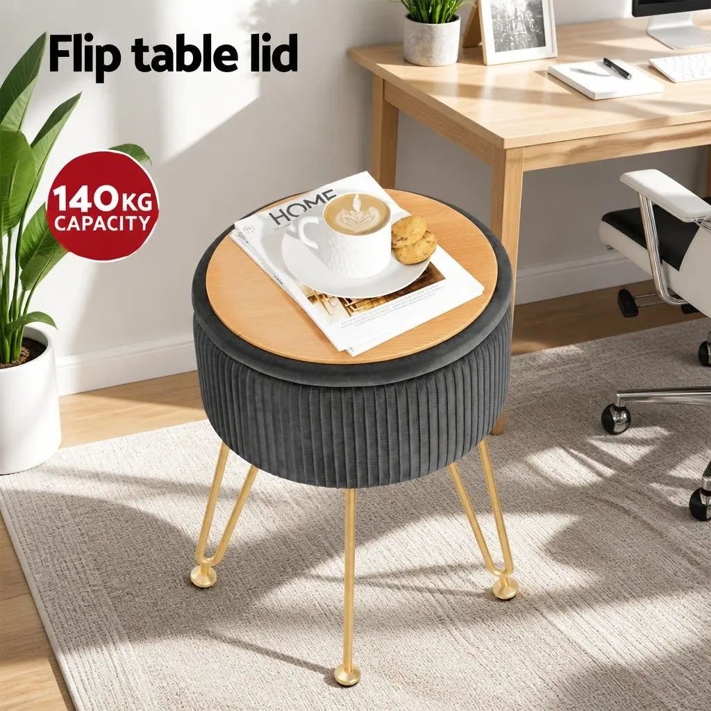 Round Ottoman Storage Footstool Velvet Coffee Table Grey Vanity Seat