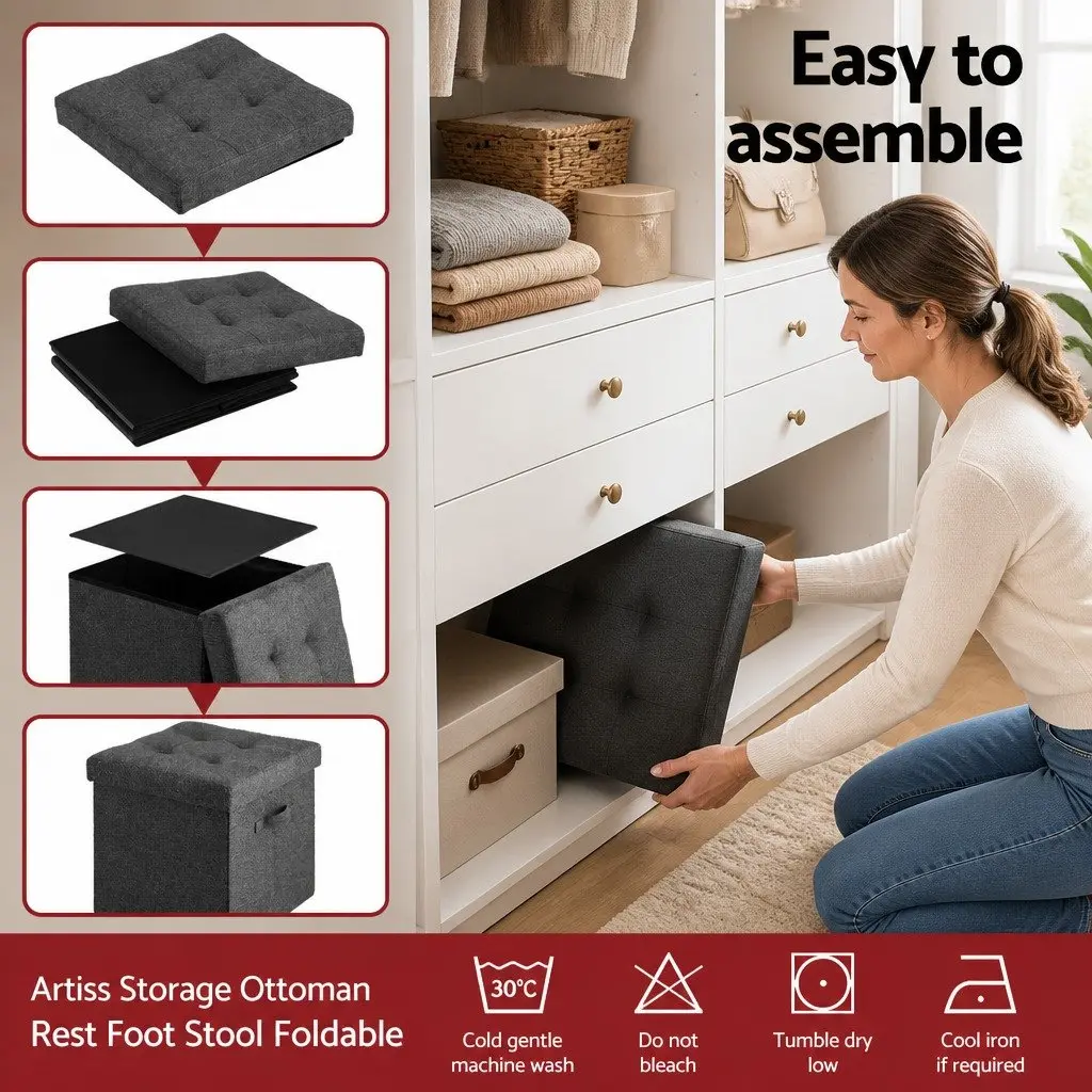 Storage Ottoman Footstool Foldable Grey 40cm Living Room Bedroom Furniture