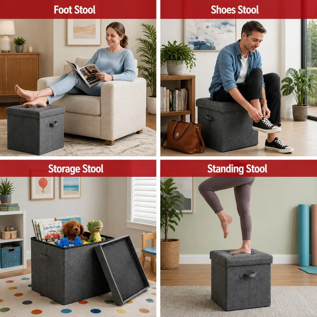 Storage Ottoman Footstool Foldable Grey 40cm Living Room Bedroom Furniture