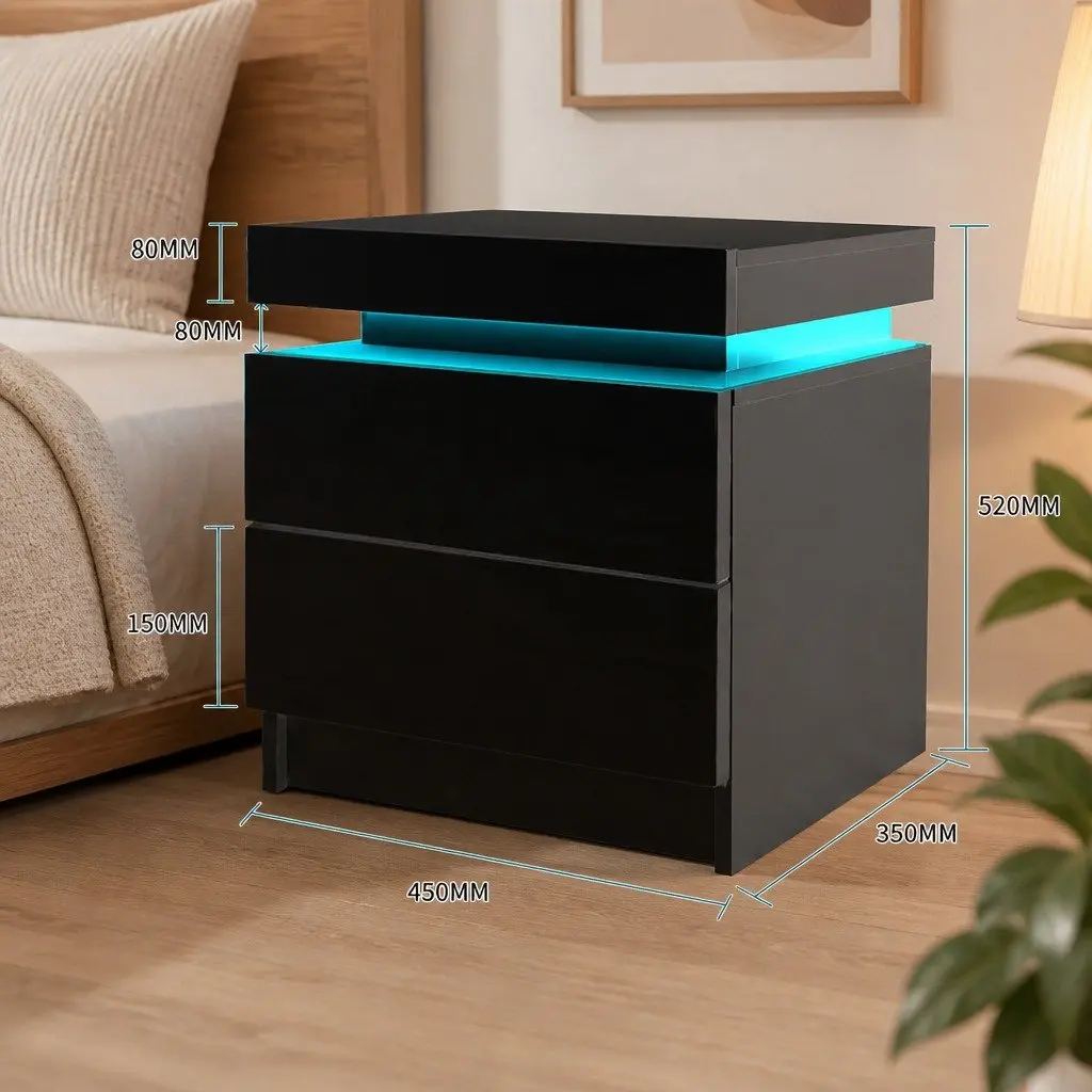 Black Bedside Table with LED Lighting Options