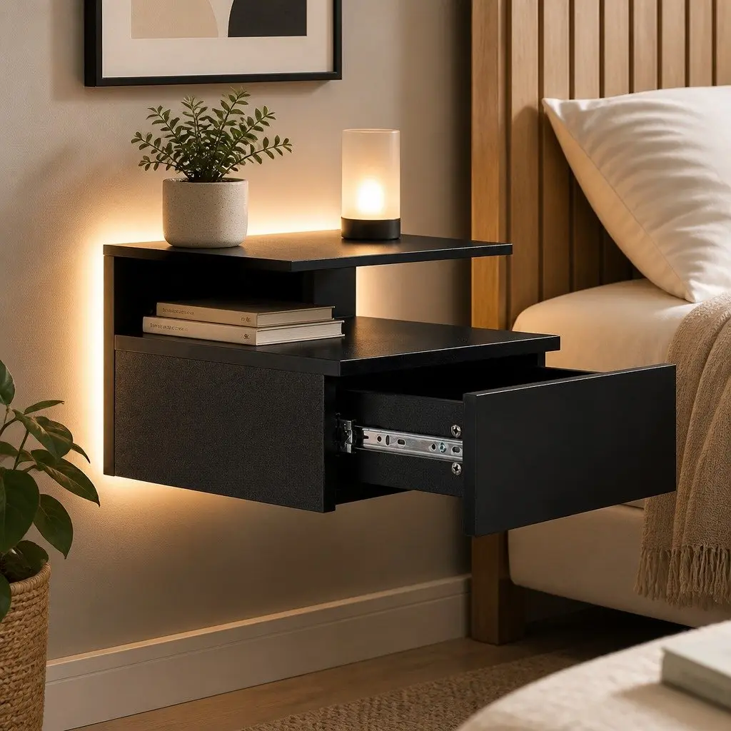 Bedside Table Wall Mounted LED Light Storage Black Side Table Bedroom Set of 2