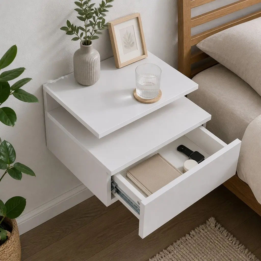 Wall Mounted Bedside Tables with LED Light Modern Side Table Storage White