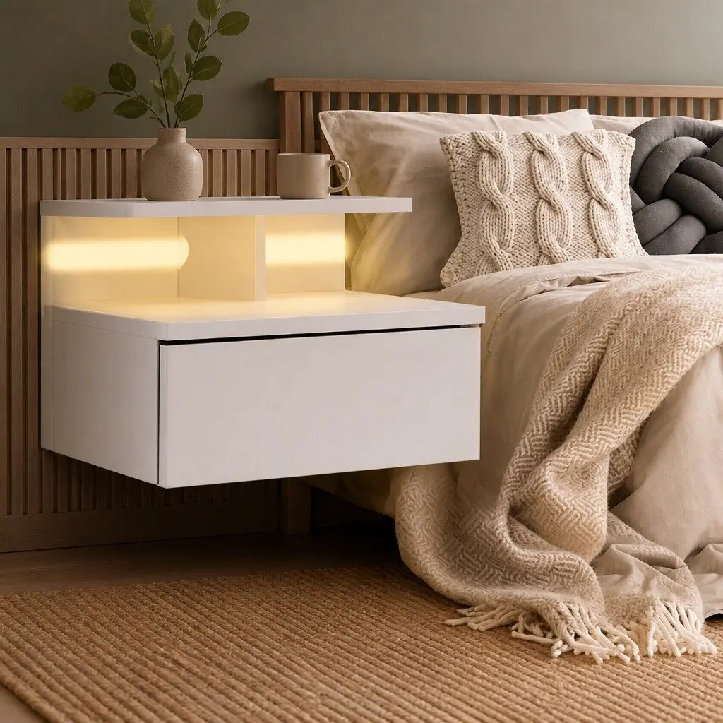Wall Mounted Bedside Tables with LED Light Modern Side Table Storage White