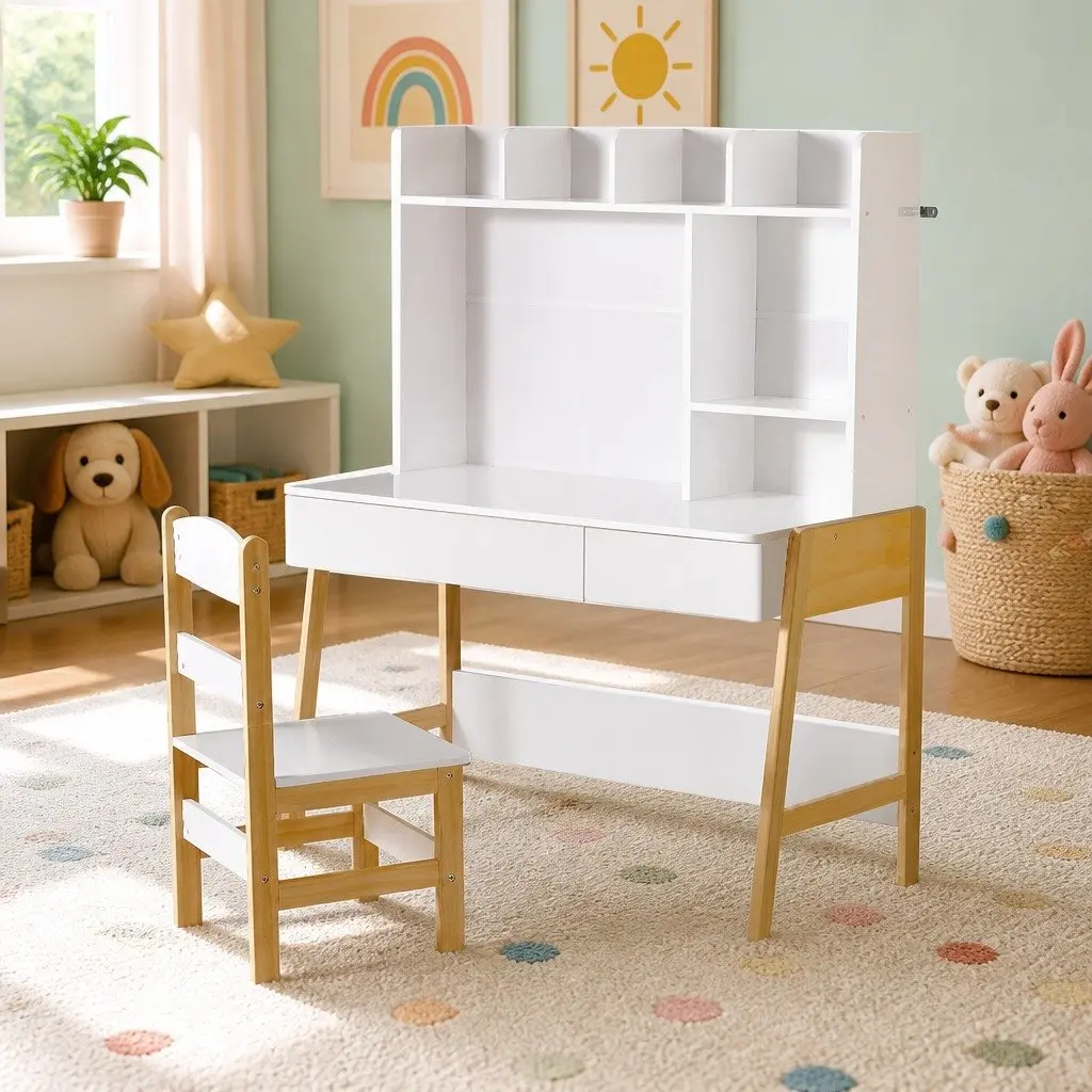 Kids Study Desk and Chair Set Storage Table Activity Furniture White and Natural Wood