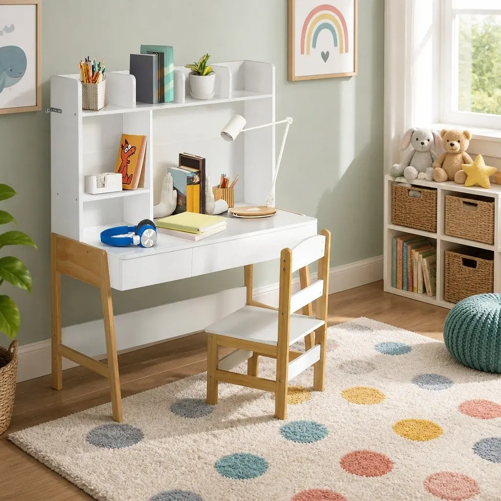 Kids Study Desk and Chair Set Storage Table Activity Furniture White and Natural Wood