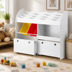 Kids Bookshelf with 3 Tiers, Bins, and Lockable Wheels