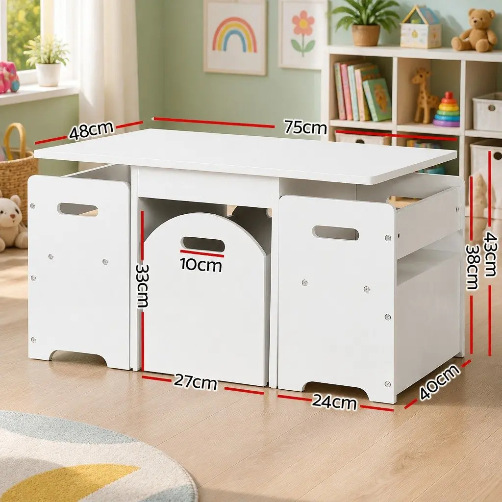 Kids Table and Chairs Set Play Activity Desk 3 Piece Storage Box White
