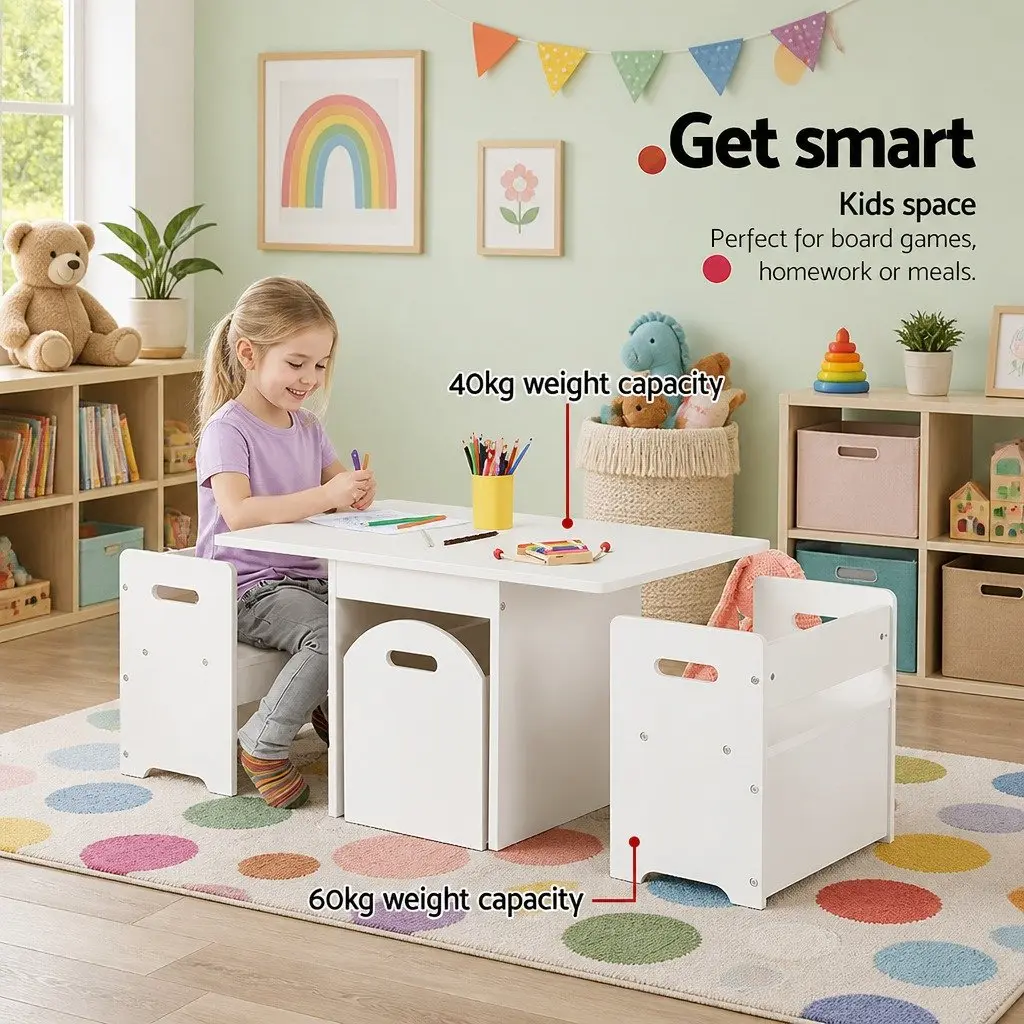 Kids Table and Chairs Set Play Activity Desk 3 Piece Storage Box White