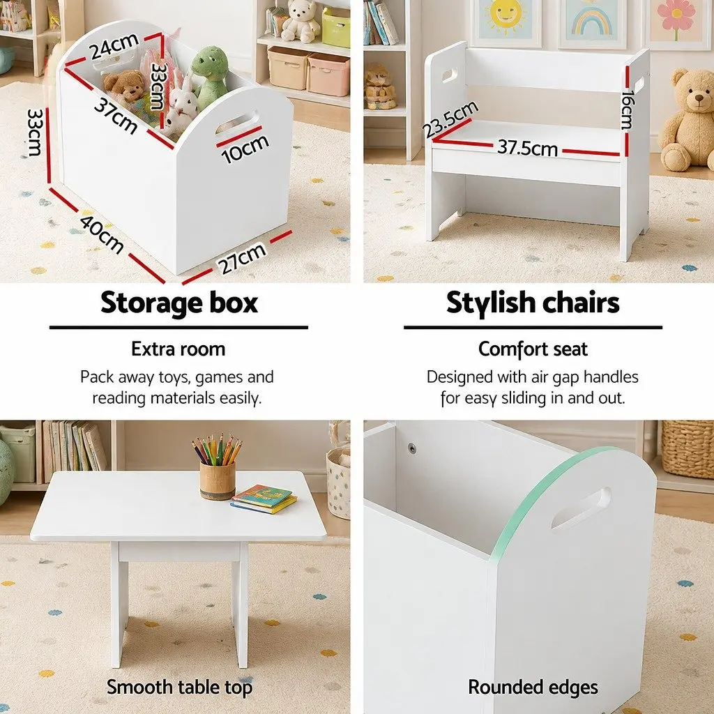 Kids Table and Chairs Set Play Activity Desk 3 Piece Storage Box White