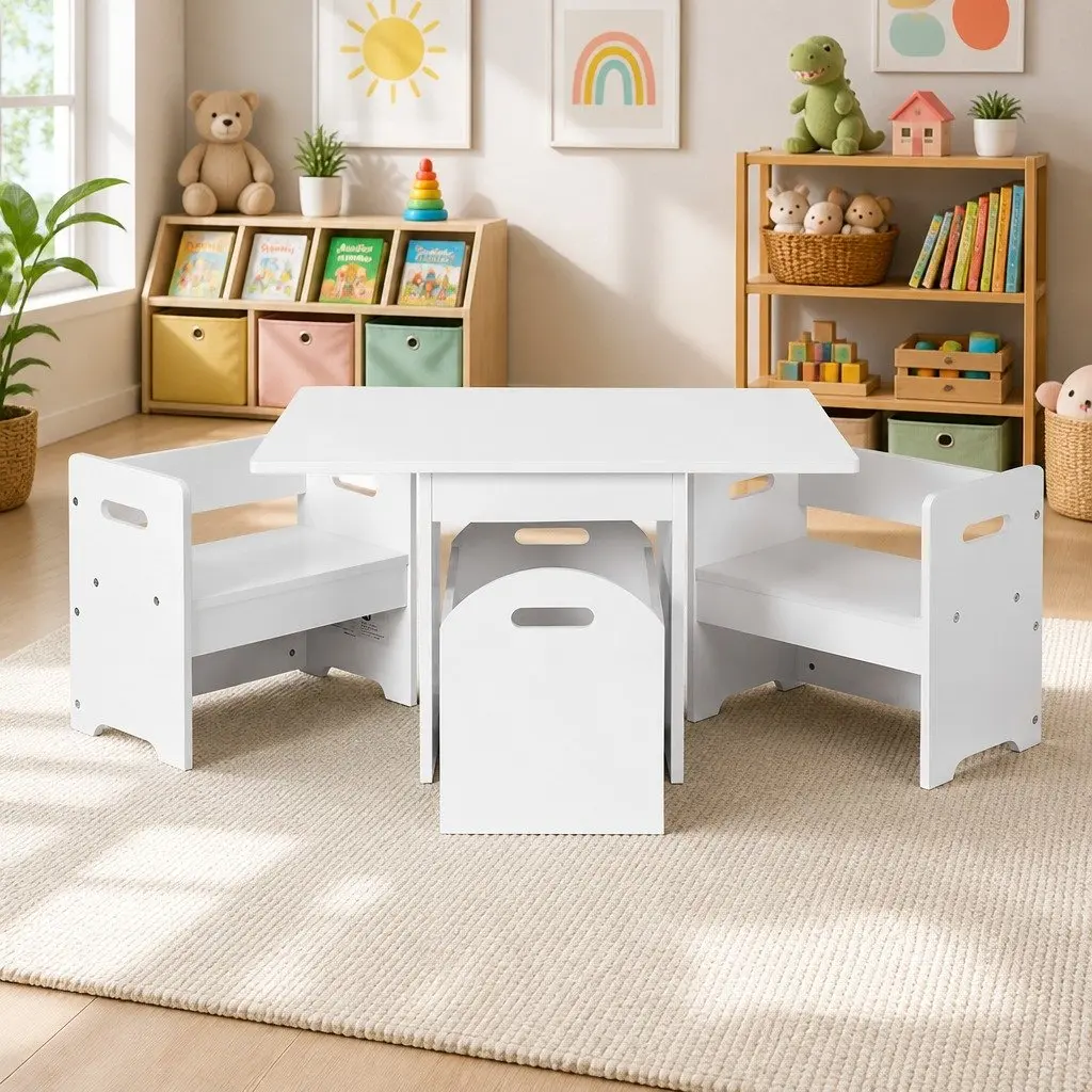 Kids Table and Chairs Set Play Activity Desk 3 Piece Storage Box White