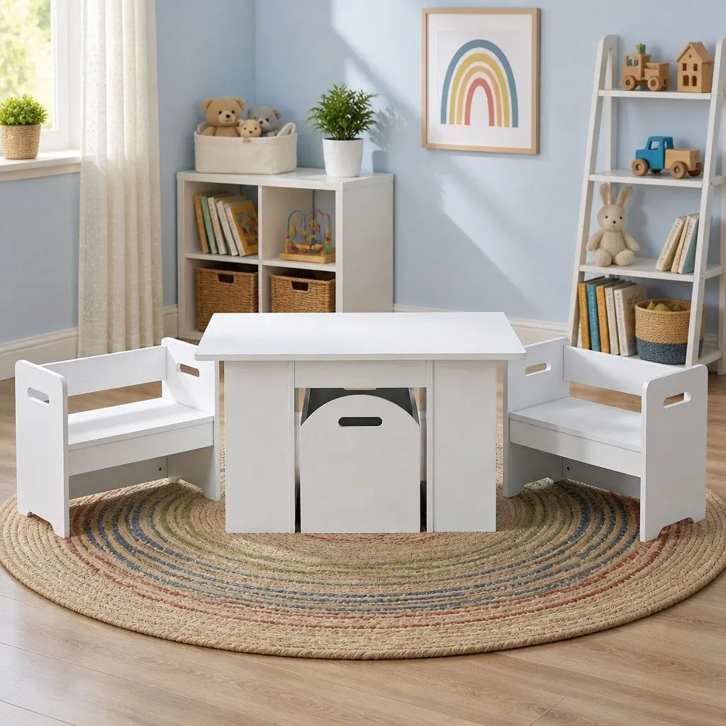 Kids Table and Chairs Set Play Activity Desk White 3 Piece