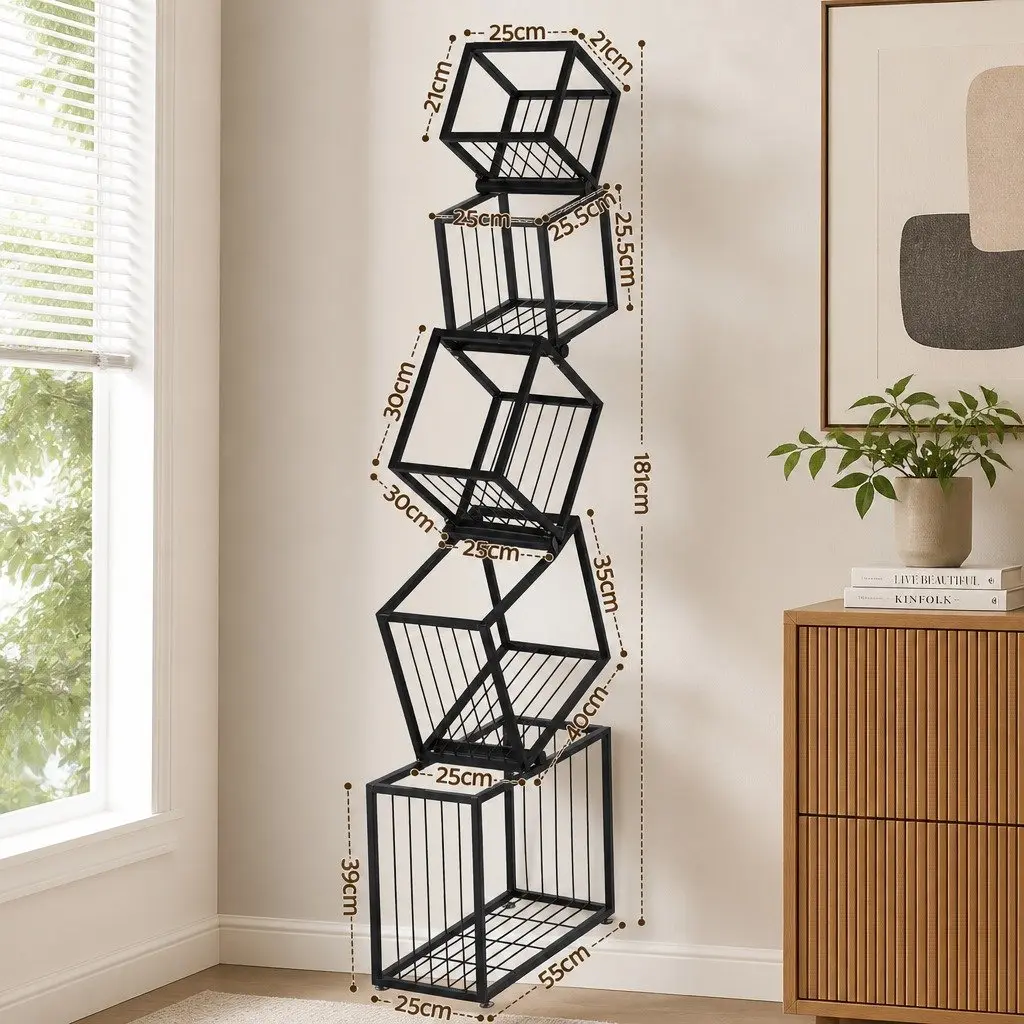 5-Tier Bookshelf Storage Organizer Vertical Black Metal Geometric Display Shelf
