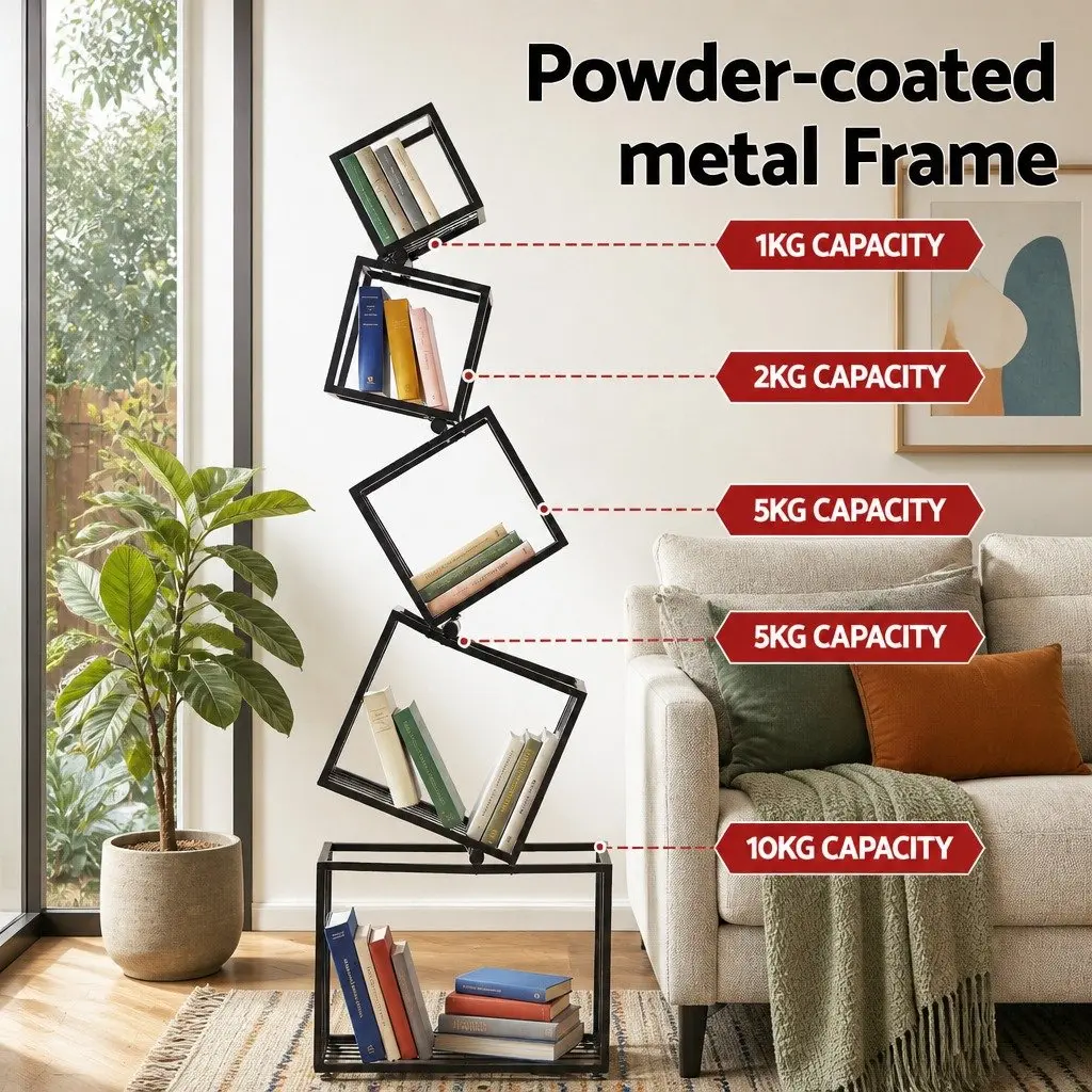 5-Tier Bookshelf Storage Organizer Vertical Black Metal Geometric Display Shelf