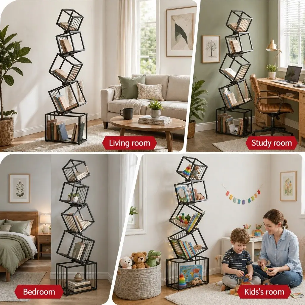 5-Tier Bookshelf Storage Organizer Vertical Black Metal Geometric Display Shelf