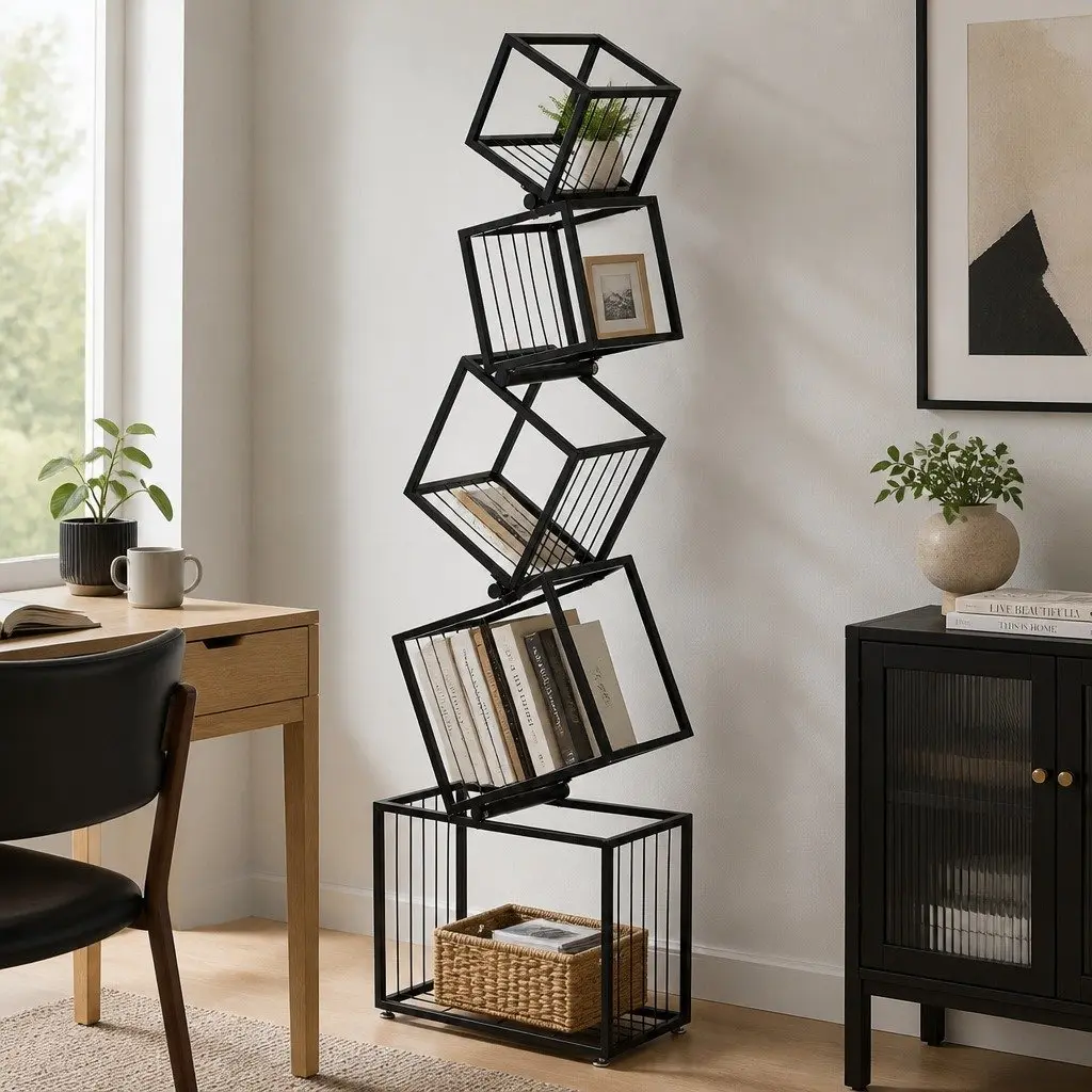 5-Tier Bookshelf Storage Organizer Vertical Black Metal Geometric Display Shelf