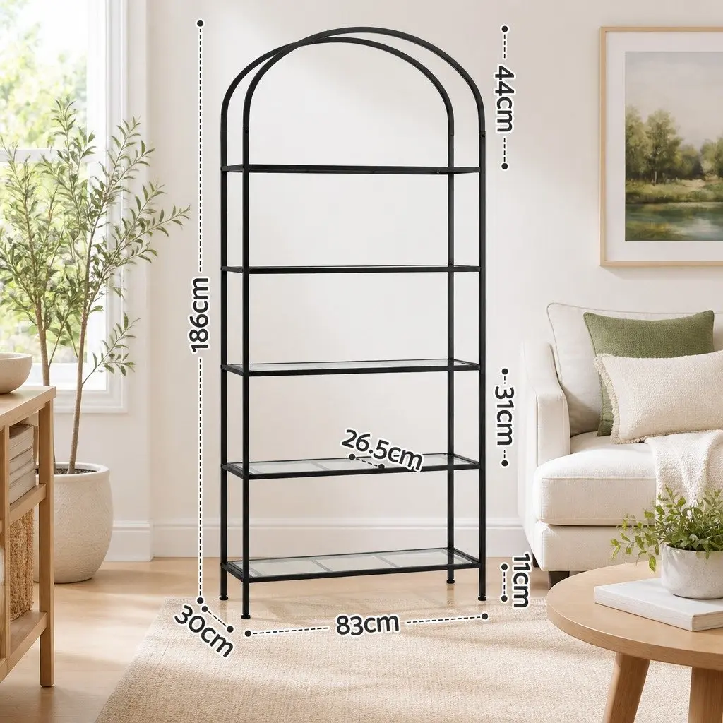 Industrial Bookcase 5 Tier Black Metal Frame Glass Shelves Modern Display Furniture