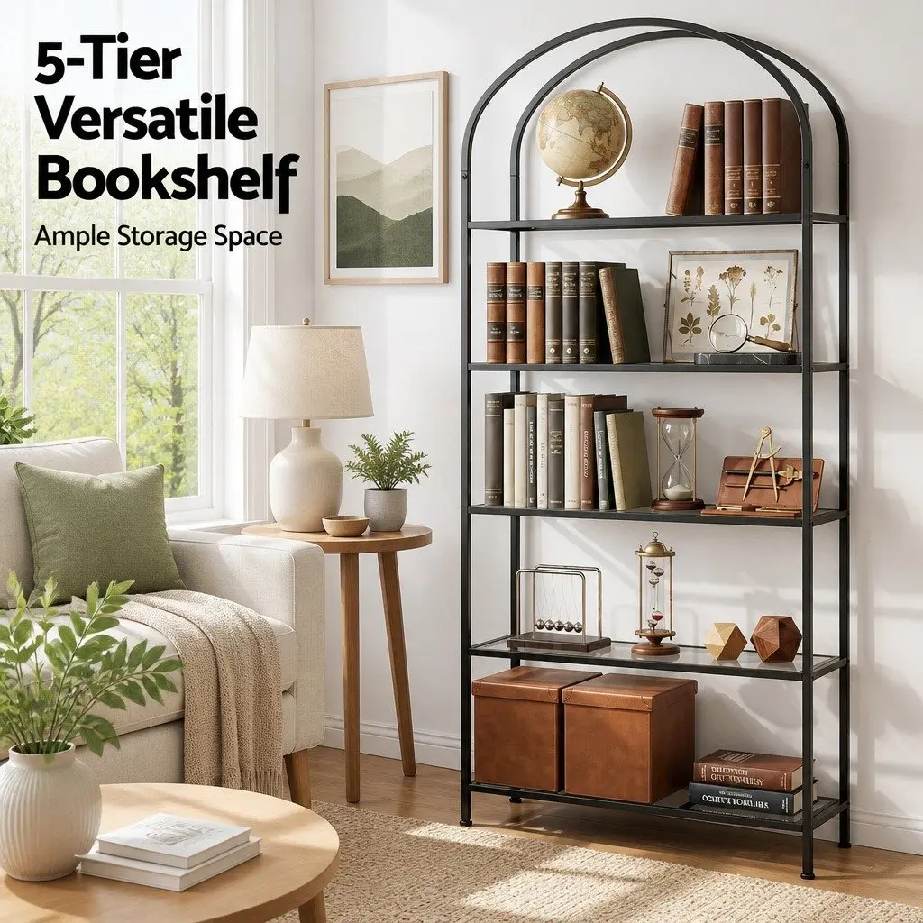 Industrial Bookcase 5 Tier Black Metal Frame Glass Shelves Modern Display Furniture