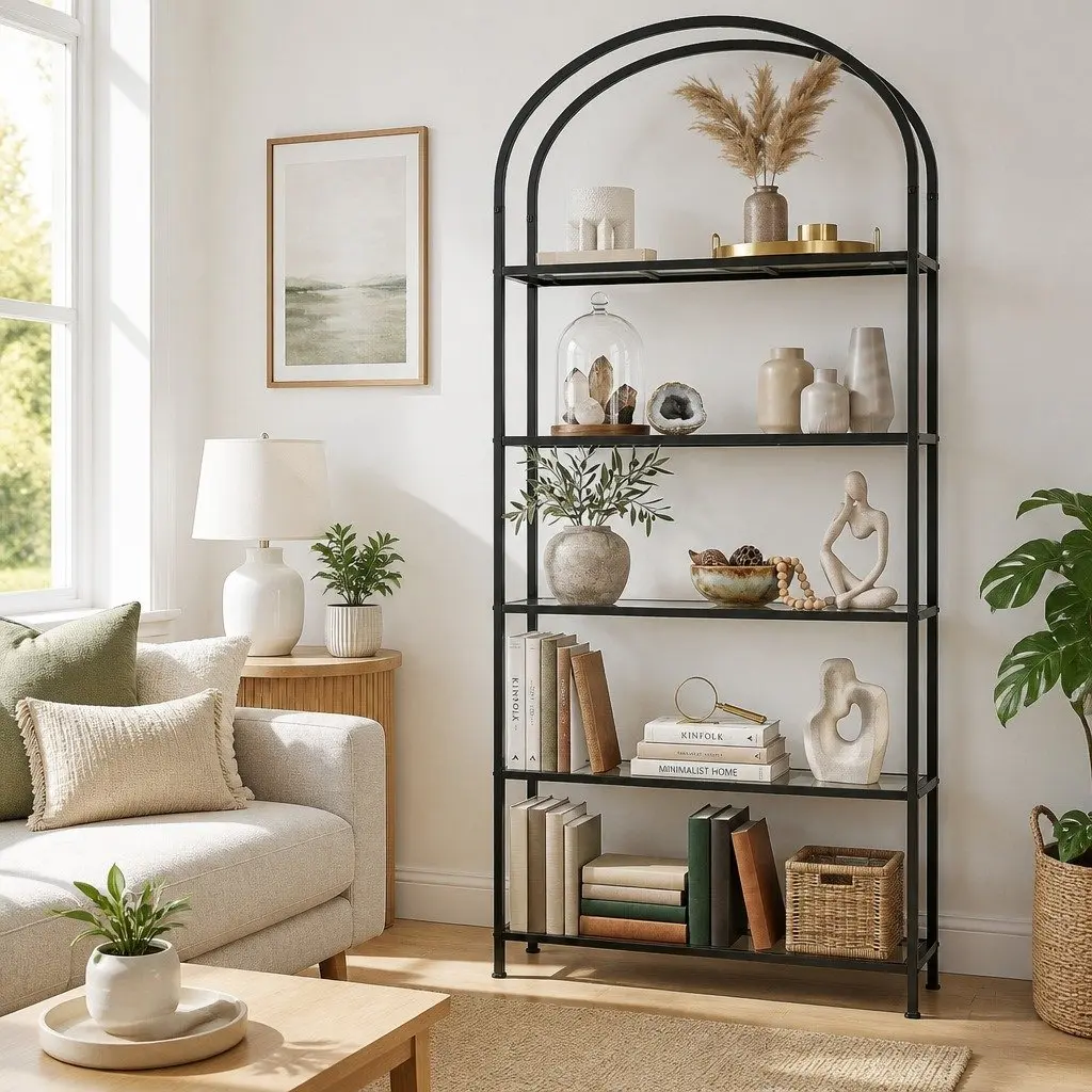 Industrial Bookcase 5 Tier Black Metal Frame Glass Shelves Modern Display Furniture