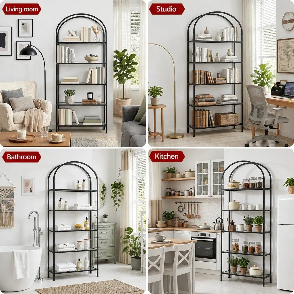 Industrial Bookcase 5 Tier Black Metal Frame Glass Shelves Modern Display Furniture