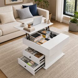 Lift Top Coffee Table Square Centre Table Rotating Top Hidden Storage White