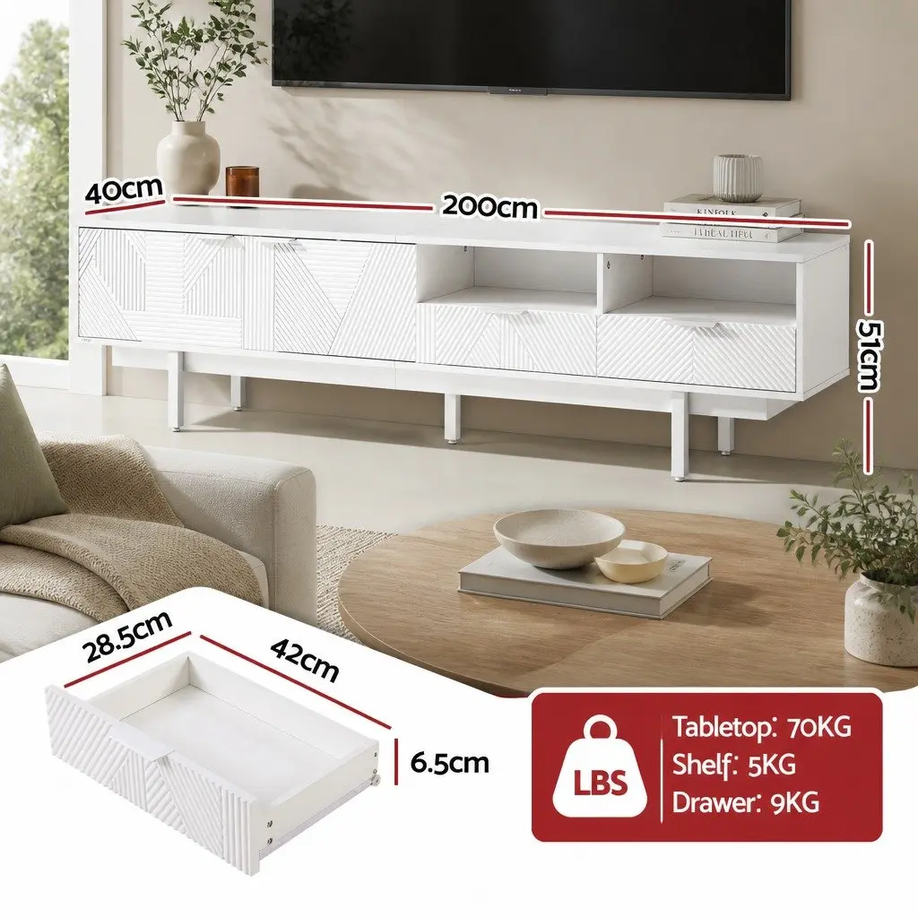White TV Unit Storage Cabinet 200cm for Living Room with Two Cabinets Two Drawers and Two Open Shelves
