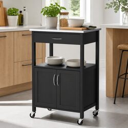 Kitchen Island Trolley Rolling Serving Cart Storage Drawer Cupboard 60cm Black