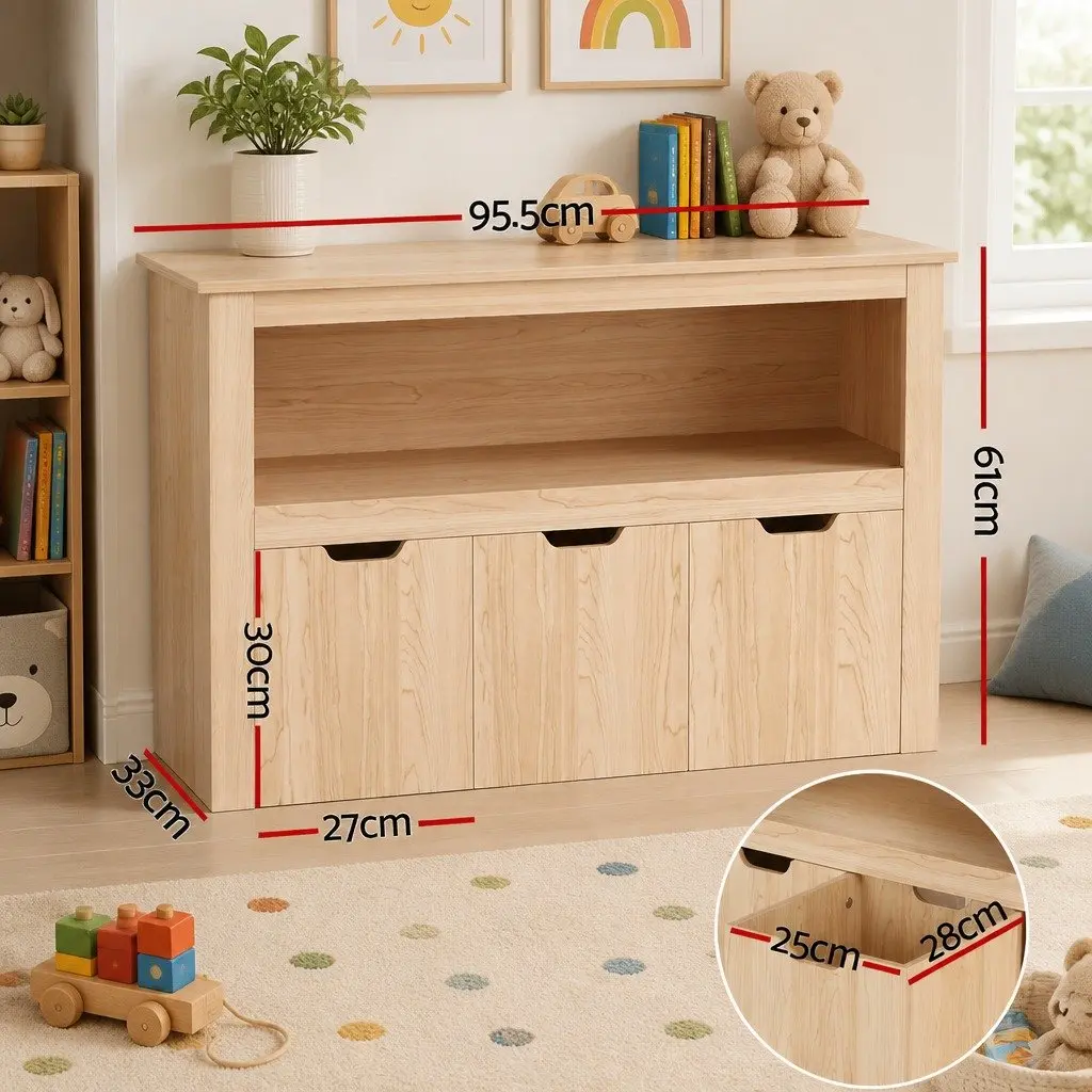 Wooden Kids Bookshelf Toy Organiser 3 Drawer Storage 95.5cm Height Walnut
