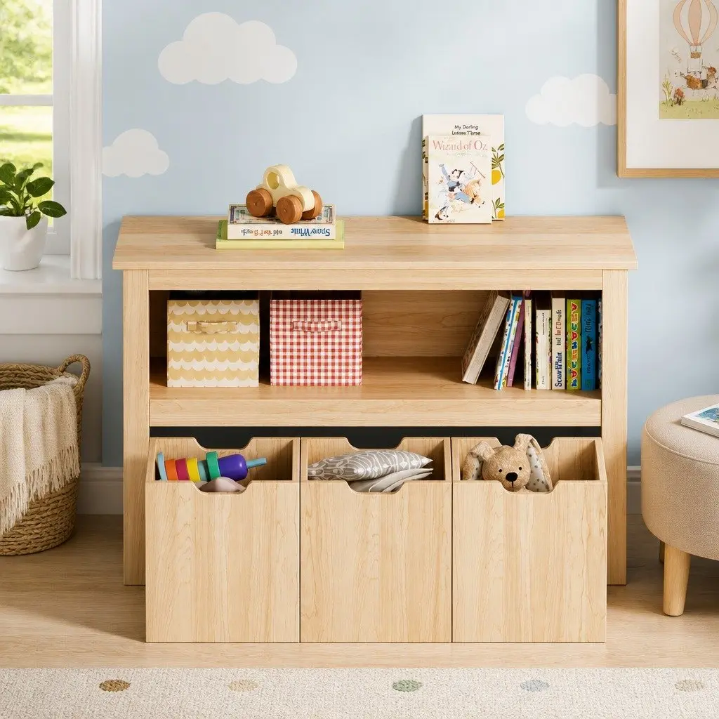 Wooden Kids Bookshelf Toy Organiser 3 Drawer Storage 95.5cm Height Walnut