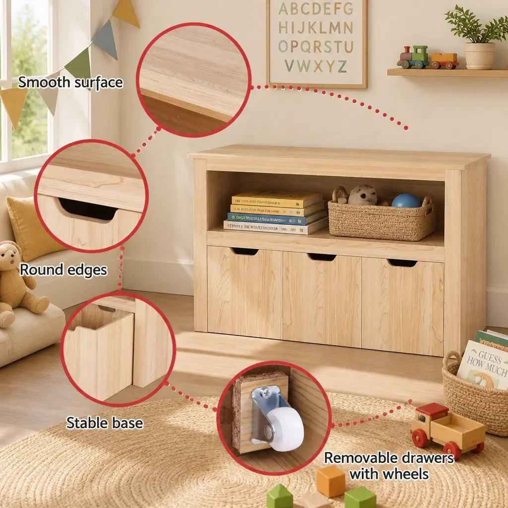 Wooden Kids Bookshelf Toy Organiser 3 Drawer Storage 95.5cm Height Walnut