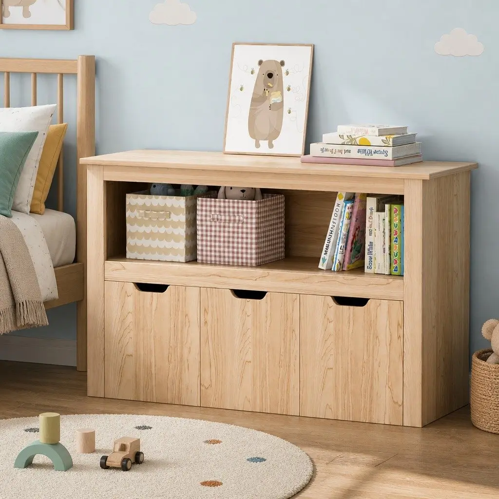 Wooden Kids Bookshelf Toy Organiser 3 Drawer Storage 95.5cm Height Walnut