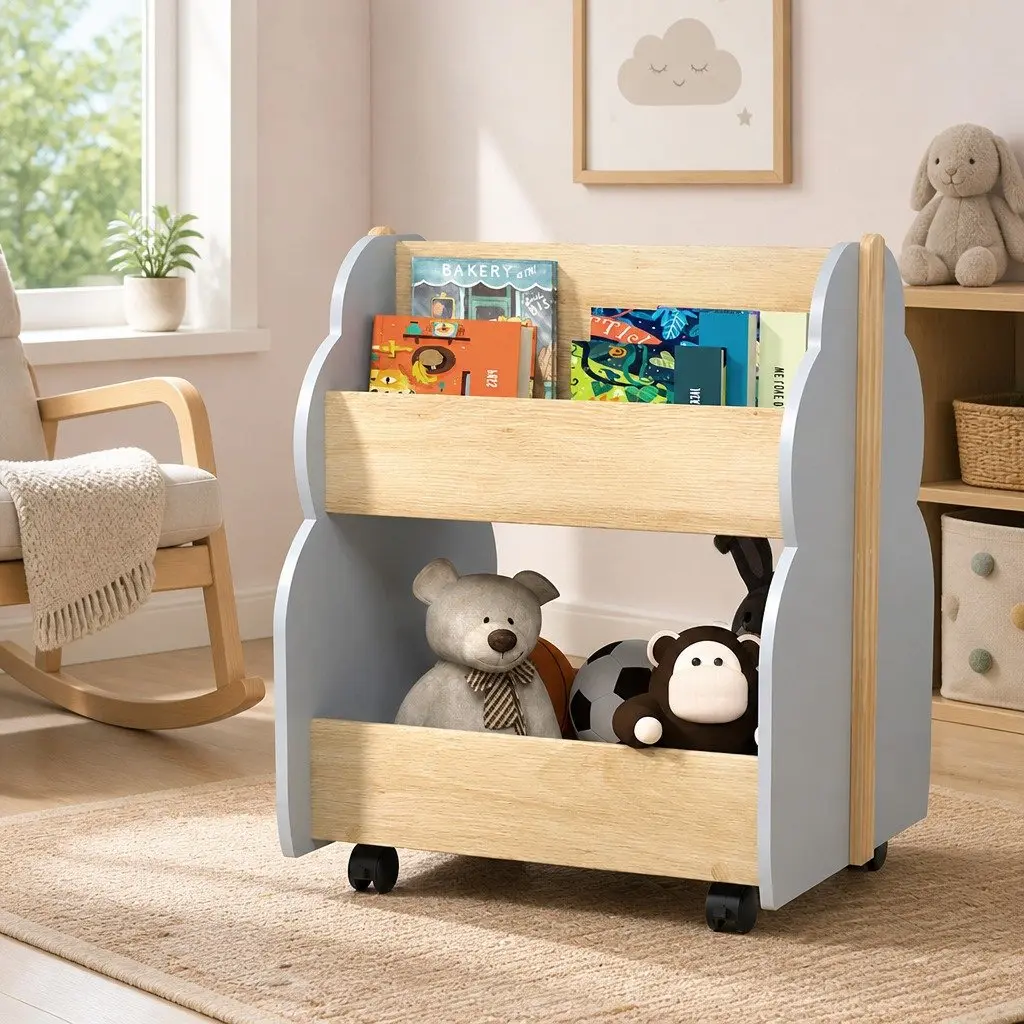 Kids Bookshelf Toy Box Storage Organiser Bookcase Display Shelf Grey