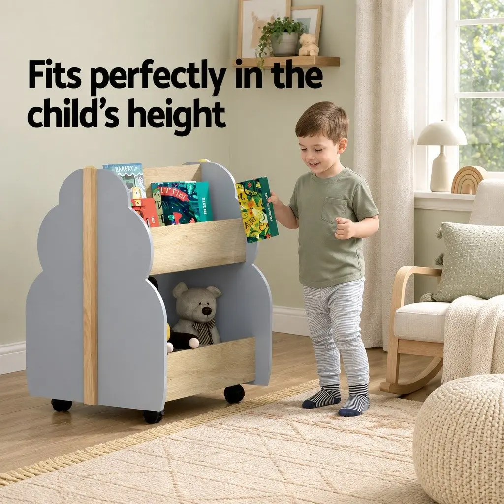 Kids Bookshelf Toy Box Storage Organiser Bookcase Display Shelf Grey