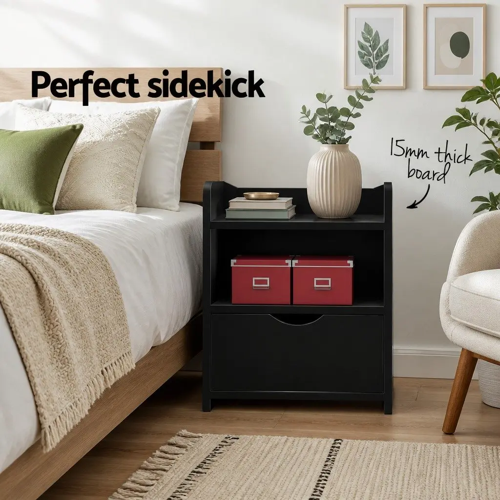 Bedside Table Storage Unit with Drawer and Shelf Black 37 x 34 x 45cm